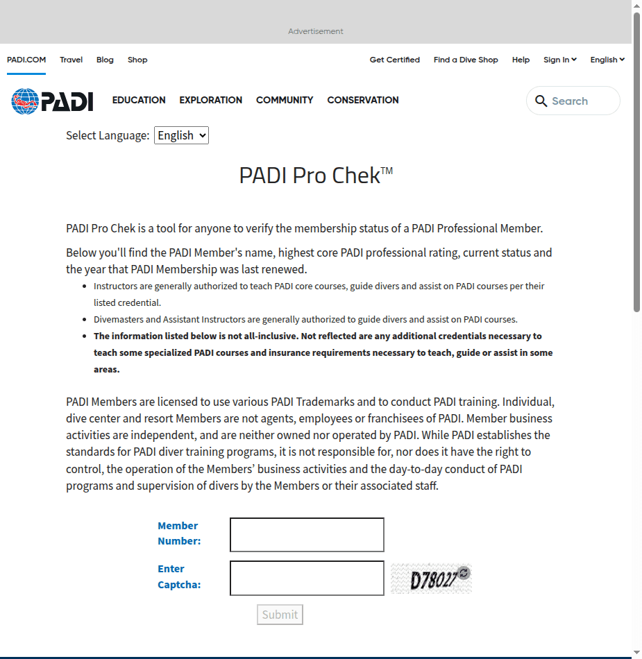 PADI Pro Chek Verification Tool